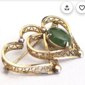 Gold Tone Double Heart Brooch with Green Stone